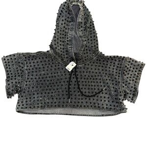 NWT Akira Turn It Up Cropped Spiked Studded Pullover Grey Wash Denim Hoodie S